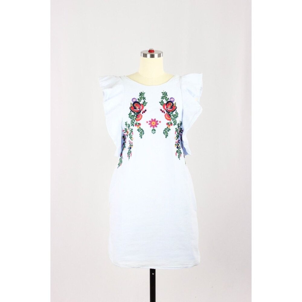 ZARA Light Blue Cotton Chambray Floral Embroidered Ruffle Mini Dress, Size XS